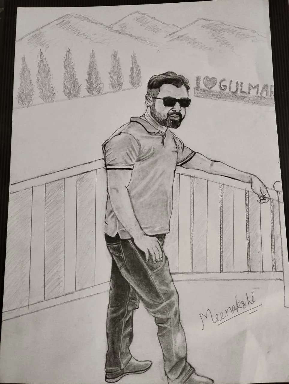 Man at a Gulmarg viewpoint railing, graphite travel sketch