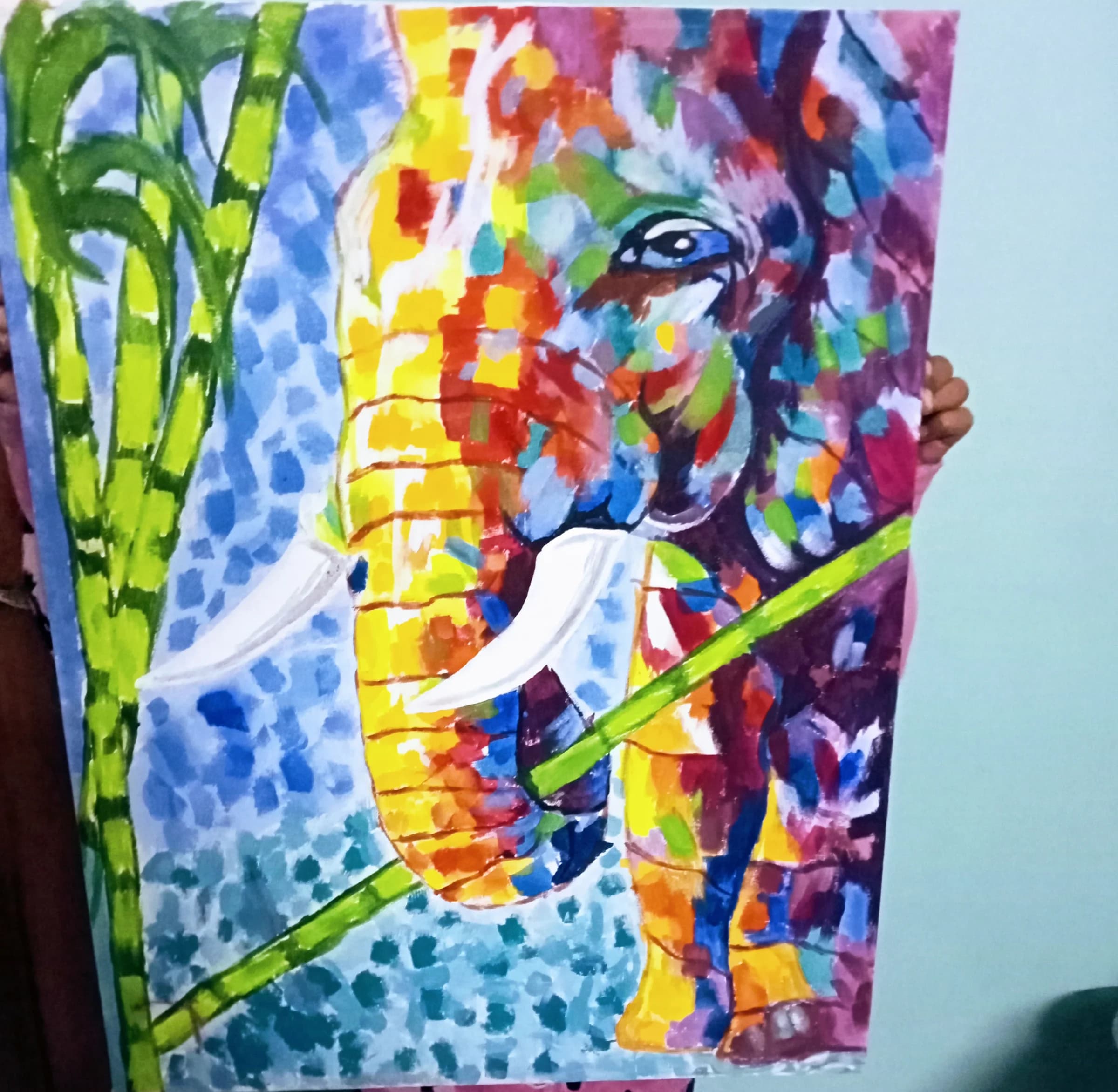 Mosaic-style elephant, acrylic painting