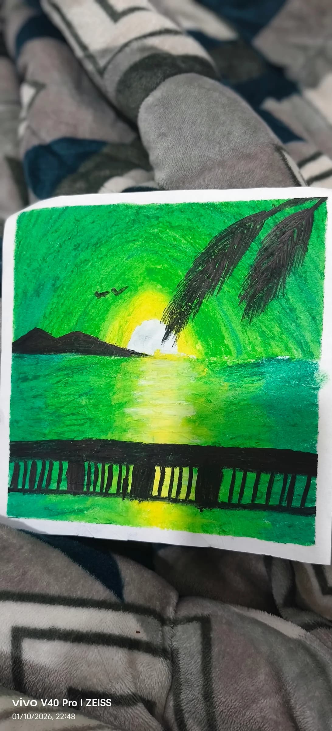 Green pier sunset in oil pastel