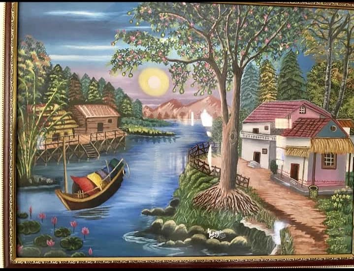 Village river landscape, acrylic painting