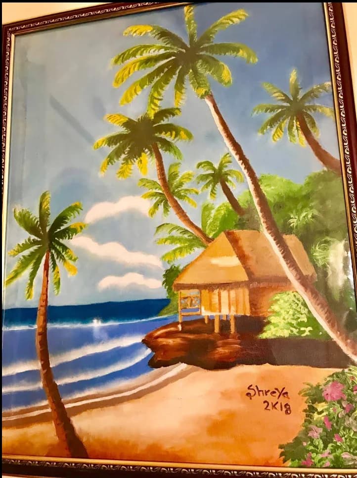 Tropical beach hut scene, acrylic painting