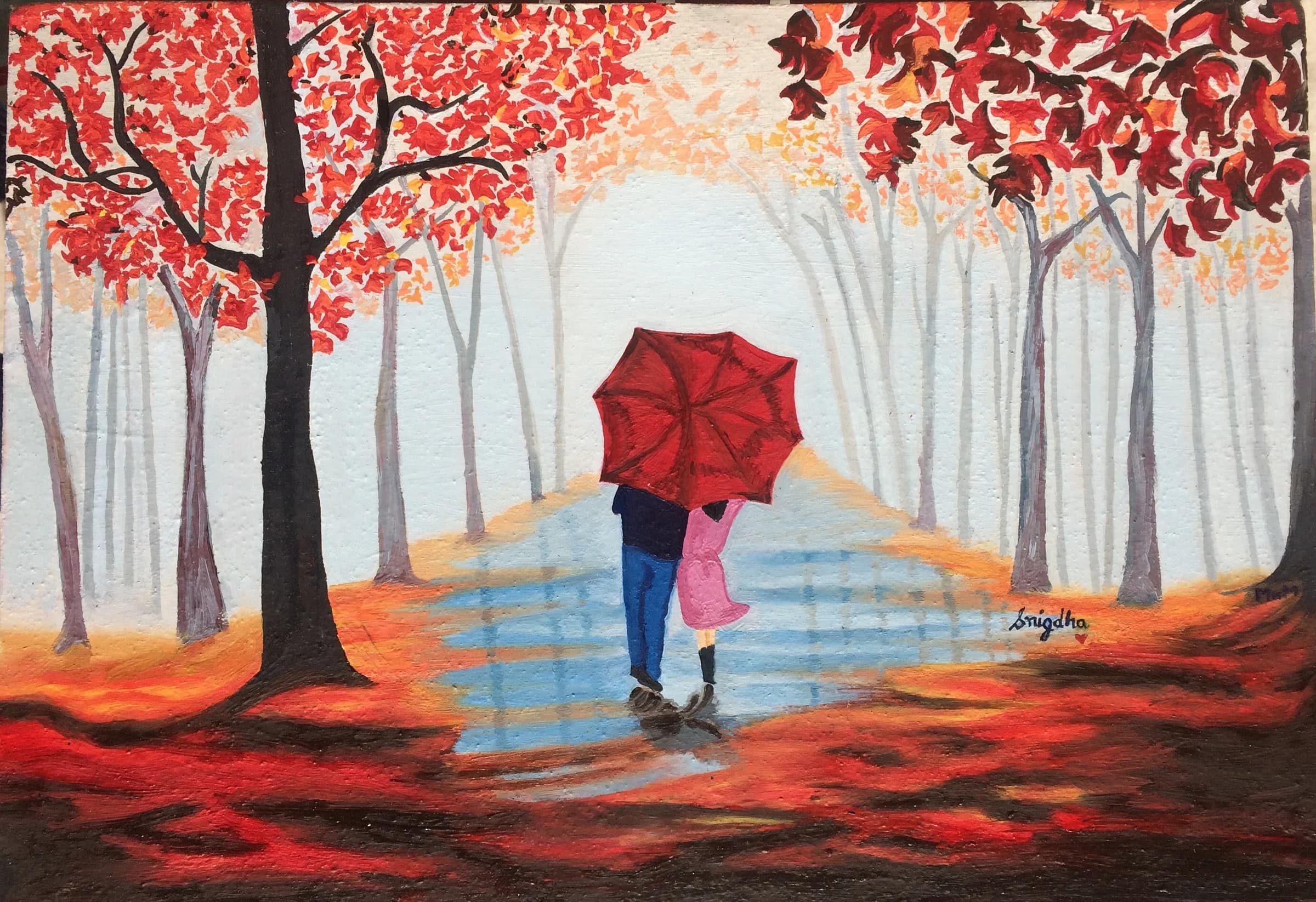 Parent and child under an umbrella, acrylic painting