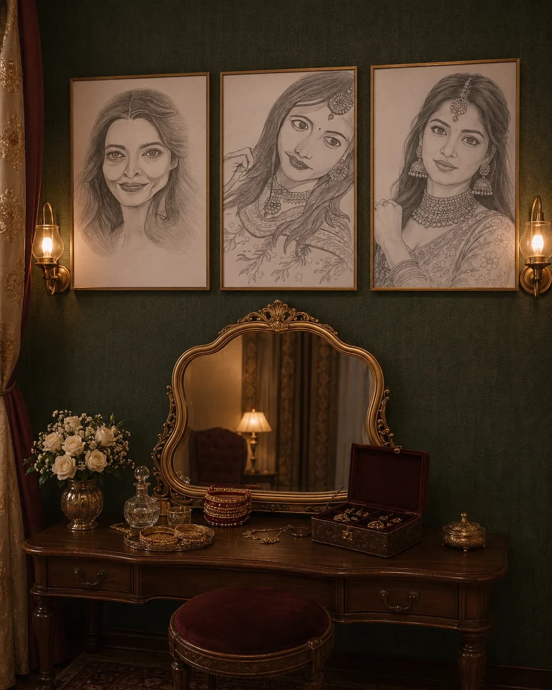 An elegant dressing room with three styled portrait sketches above a vanity table with jewelry and roses