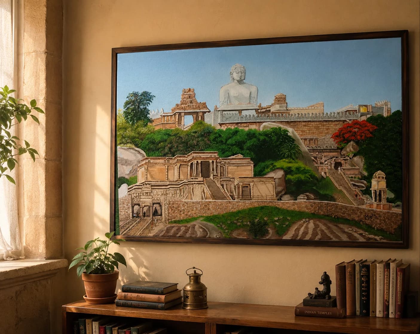 A quiet sunlit study with a large painting of Shravanabelagola's ancient temple ruins and monolithic statue above a bookshelf