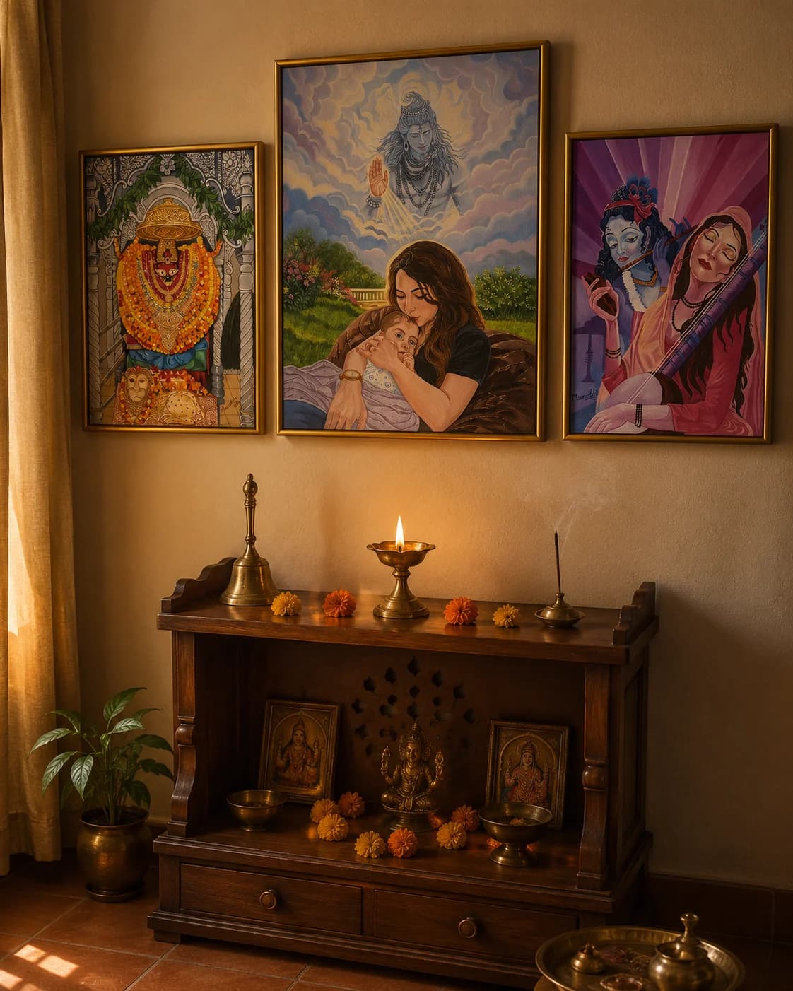 A warm home prayer corner with three devotional paintings above a puja shrine cabinet with a lit diya and marigold flowers