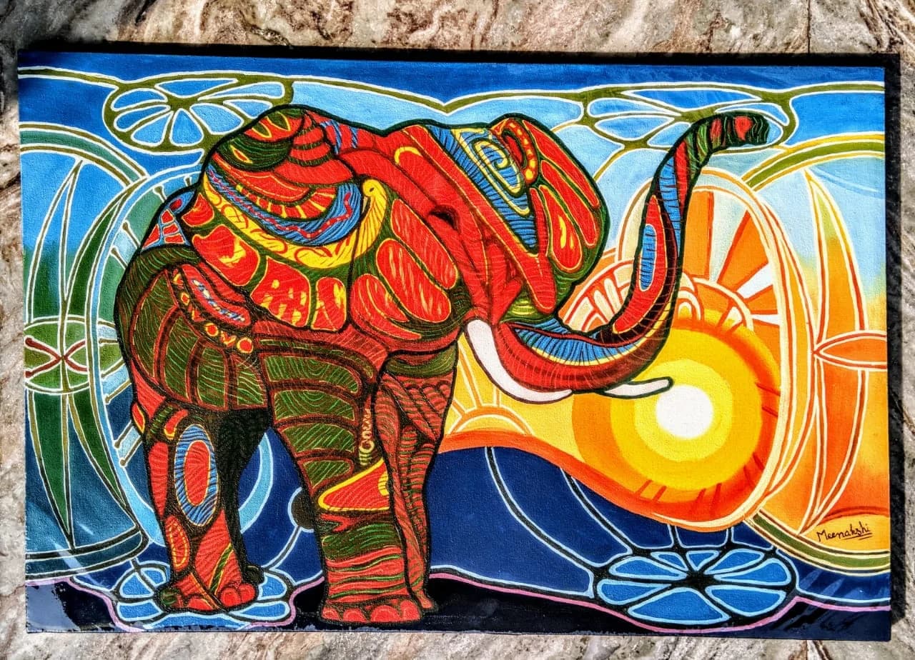 Psychedelic pattern-style elephant in vivid multicolour with an orange sun