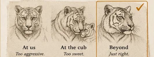 Three studies of her gaze: at the viewer, at the cub, and beyond the frame